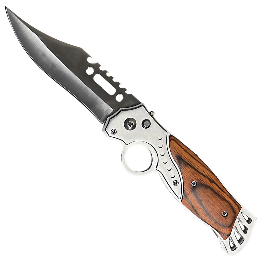 Trail Beacon Safety-Lock Automatic Knife - Wood Inlay Silver