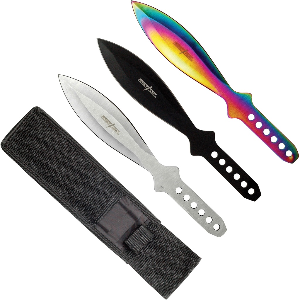 Tri-Color Flight-Calibrated Throwing Knife Set - Black, Silver, Rainbow